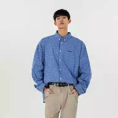 KEIRANDUN Retro Plaid Shirt Blue