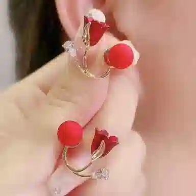 彤彤兔 轻奢红色花朵珍珠 合金 耳环 女款
