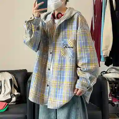 红蜻蜓 美式复古街头格子宽松休闲百搭时尚连帽长袖单排扣衬衫 男女同款