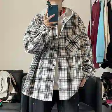 红蜻蜓 美式复古街头格子宽松休闲百搭时尚连帽长袖单排扣衬衫 男女同款