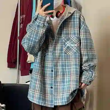 红蜻蜓 美式复古街头格子宽松休闲百搭时尚连帽长袖单排扣衬衫 男女同款