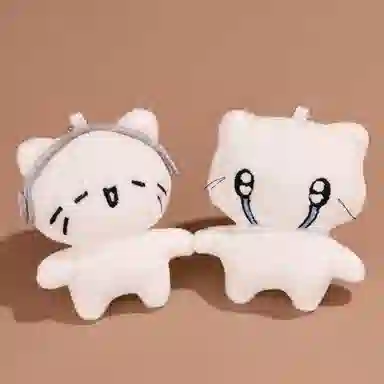 千桐 可爱哭泣小猫 白色耳机小猫 卡通治愈 手机绳挂饰汽车钥匙扣 行李箱 卡通玩偶 毛绒 挂件 男女同款情侣款