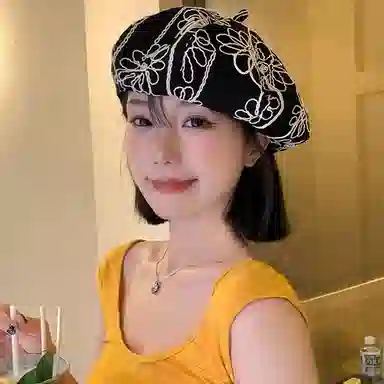 浪莎 小众复古线条花朵立体刺绣薄款前进帽  休闲 短檐反戴 棉 贝雷帽 女款