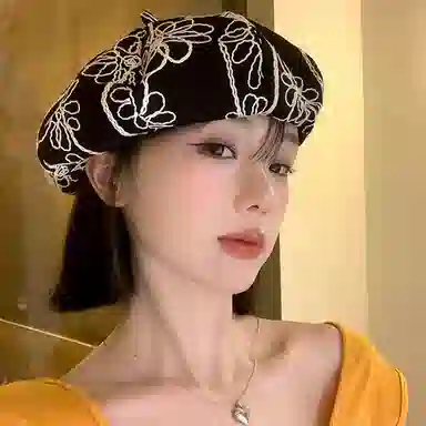 浪莎 小众复古线条花朵立体刺绣薄款前进帽  休闲 短檐反戴 棉 贝雷帽 女款