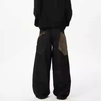 物质公式 美式高街复古个性蛇纹宽松百搭弯刀蟒阔腿微喇休闲直筒长裤拼接垂感牛仔裤 男女同款 黑色