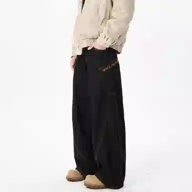 物质公式 美式高街复古个性蛇纹宽松百搭弯刀蟒阔腿微喇休闲直筒长裤拼接垂感牛仔裤 男女同款 黑色