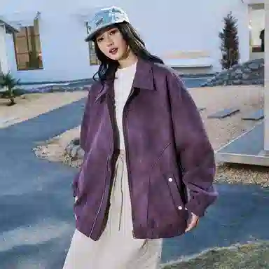 快鱼 美式复古简约潮牌纯色机车风翻领青少年基础款宽松休闲时尚百搭拉链防风长袖外套夹克 男女同款