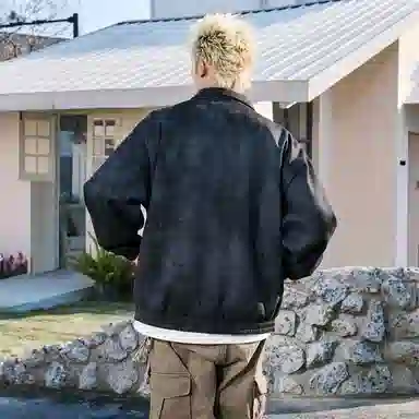 快鱼 美式复古简约潮牌纯色机车风翻领青少年基础款宽松休闲时尚百搭拉链防风长袖外套夹克 男女同款