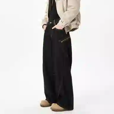 物质公式 美式高街复古个性蛇纹宽松百搭弯刀蟒阔腿微喇休闲直筒长裤拼接垂感牛仔裤 男女同款 黑色