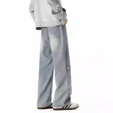 王者荣耀 标语款 美式复古金属夹标做旧水洗微喇直筒字母设计高街微喇休闲阔腿显瘦垂感长裤牛仔裤 男女同款