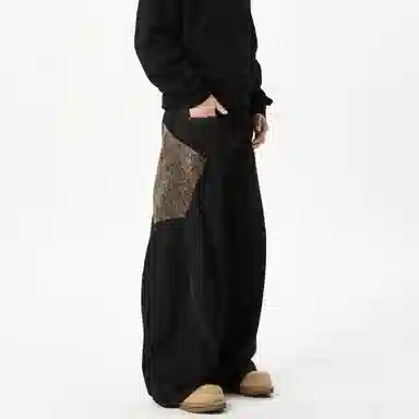 物质公式 美式高街复古个性蛇纹宽松百搭弯刀蟒阔腿微喇休闲直筒长裤拼接垂感牛仔裤 男女同款 黑色