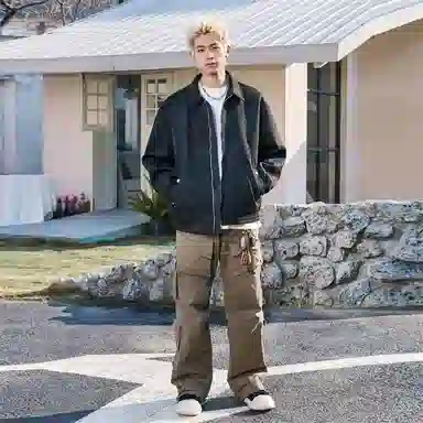 快鱼 美式复古简约潮牌纯色机车风翻领青少年基础款宽松休闲时尚百搭拉链防风长袖外套夹克 男女同款