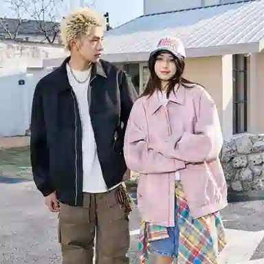 快鱼 美式复古简约潮牌纯色机车风翻领青少年基础款宽松休闲时尚百搭拉链防风长袖外套夹克 男女同款