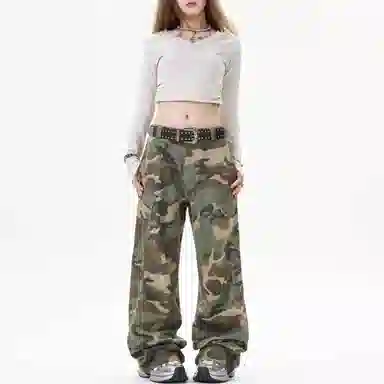 木林森 美式高街复古潮流拼接个性贴袋迷彩高品质百搭通勤显高显瘦垂感宽松休闲直筒牛仔裤 男女同款