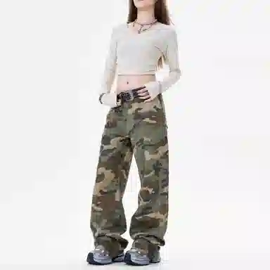 木林森 美式高街复古潮流拼接个性贴袋迷彩高品质百搭通勤显高显瘦垂感宽松休闲直筒牛仔裤 男女同款