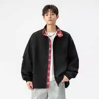 快鱼 美式简约复古青少年基础款潮流高街立领撞色格子纯色休闲百搭舒适长袖外套夹克 男女同款