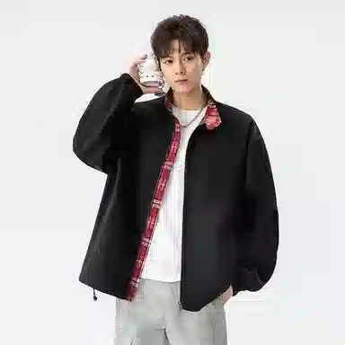 快鱼 美式简约复古青少年基础款潮流高街立领撞色格子纯色休闲百搭舒适长袖外套夹克 男女同款