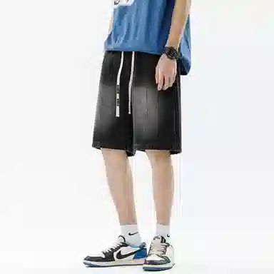 王者荣耀 美式高街潮流水洗直筒裤子大码宽松休闲薄款五分裤拼色系带松紧舒适百搭牛仔短裤 男女同款