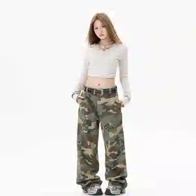 木林森 美式高街复古潮流拼接个性贴袋迷彩高品质百搭通勤显高显瘦垂感宽松休闲直筒牛仔裤 男女同款