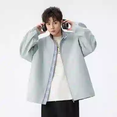 快鱼 美式简约复古青少年基础款潮流高街立领撞色格子纯色休闲百搭舒适长袖外套夹克 男女同款