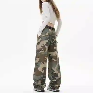 木林森 美式高街复古潮流拼接个性贴袋迷彩高品质百搭通勤显高显瘦垂感宽松休闲直筒牛仔裤 男女同款