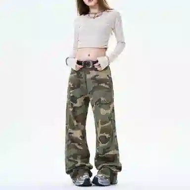 木林森 美式高街复古潮流拼接个性贴袋迷彩高品质百搭通勤显高显瘦垂感宽松休闲直筒牛仔裤 男女同款