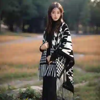 北极绒 时尚千鸟格流苏百搭高级感洋气保暖外搭暖糯亲肤 聚酯纤维 披肩 男女同款情侣款