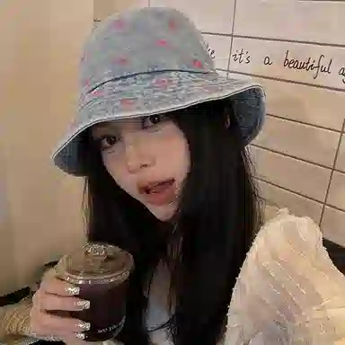 浪莎 蝴蝶刺绣牛仔大帽檐显脸小休闲盆帽春夏薄荷曼波遮阳 棉 渔夫帽 女款