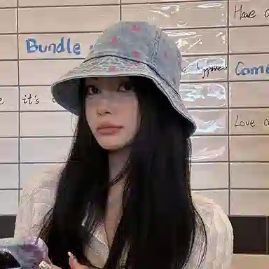 浪莎 蝴蝶刺绣牛仔大帽檐显脸小休闲盆帽春夏薄荷曼波遮阳 棉 渔夫帽 女款