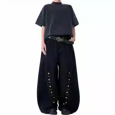 黑衣先生 复古宽松垂感直筒牛仔裤 男女同款 黑色