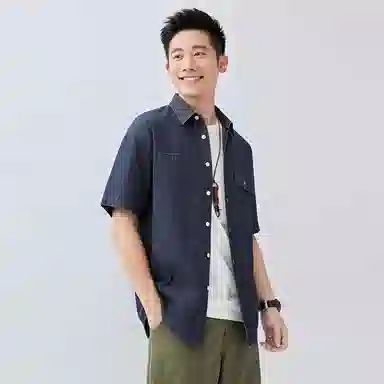 佐丹奴 时尚帅气纯棉工装口袋短袖牛仔衬衫 男款