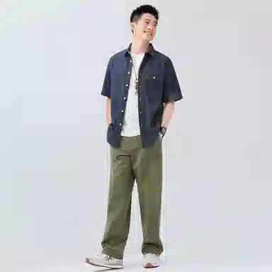 佐丹奴 时尚帅气纯棉工装口袋短袖牛仔衬衫 男款