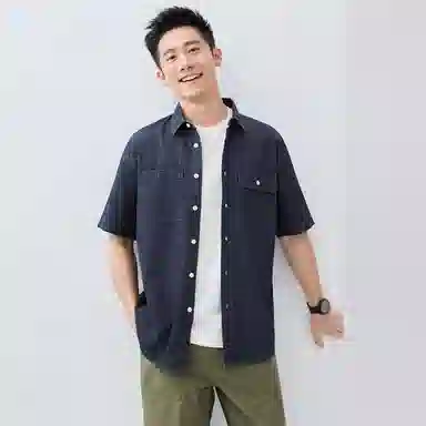 佐丹奴 时尚帅气纯棉工装口袋短袖牛仔衬衫 男款