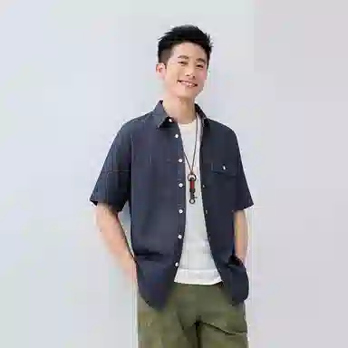 佐丹奴 时尚帅气纯棉工装口袋短袖牛仔衬衫 男款