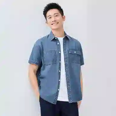 佐丹奴 时尚帅气纯棉工装口袋短袖牛仔衬衫 男款