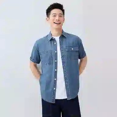 佐丹奴 时尚帅气纯棉工装口袋短袖牛仔衬衫 男款