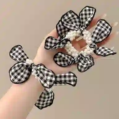 水中玉 黑白格蝴蝶结珍珠发圈气质扎头皮筋发绳发饰 布艺 头绳 女款