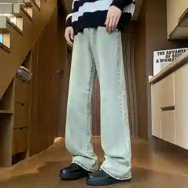 八哥 高街美式纯色复古直筒修身弯刀长裤轻水洗做旧休闲时尚百搭高级感废土风潮流垂感运动弹力高腰牛仔裤 男女同款