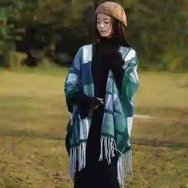 北极绒 韩版复古英伦加厚格子条纹 时尚流苏百搭气质 聚酯纤维 披肩 男女同款情侣款