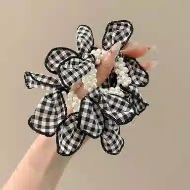 水中玉 黑白格蝴蝶结珍珠发圈气质扎头皮筋发绳发饰 布艺 头绳 女款