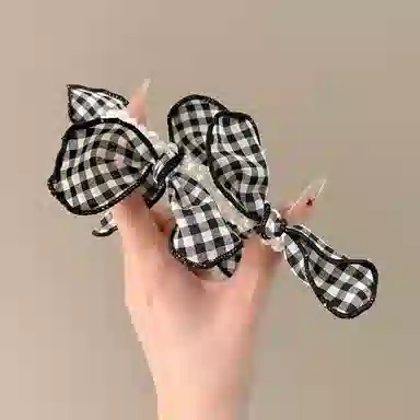 水中玉 黑白格蝴蝶结珍珠发圈气质扎头皮筋发绳发饰 布艺 头绳 女款