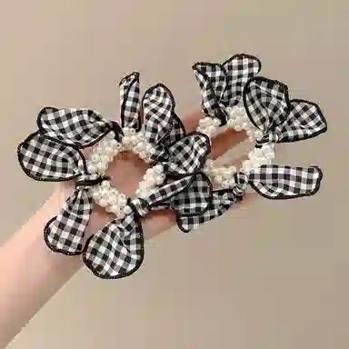 水中玉 黑白格蝴蝶结珍珠发圈气质扎头皮筋发绳发饰 布艺 头绳 女款