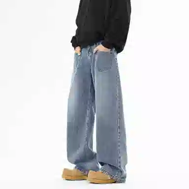 大卫贝肯 美式高街简约基础款复古水洗宽松柔软舒适休闲百搭显高直筒牛仔裤 男女同款