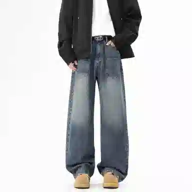 大卫贝肯 美式高街简约基础款复古水洗宽松柔软舒适休闲百搭显高直筒牛仔裤 男女同款