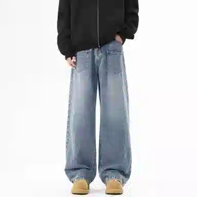 大卫贝肯 美式高街简约基础款复古水洗宽松柔软舒适休闲百搭显高直筒牛仔裤 男女同款