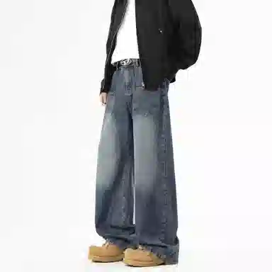 大卫贝肯 美式高街简约基础款复古水洗宽松柔软舒适休闲百搭显高直筒牛仔裤 男女同款