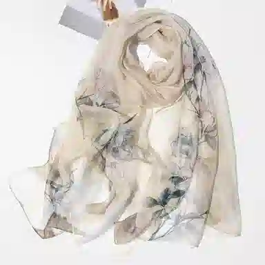 上海故事 春满山雪纺长巾出游外搭国风印花气质仙仙 桑蚕丝 丝巾 女款