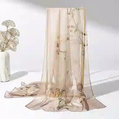 上海故事 春满山雪纺长巾出游外搭国风印花气质仙仙 桑蚕丝 丝巾 女款