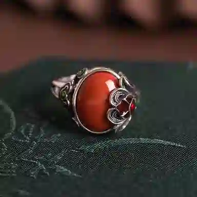 小银匠 玫瑰花国风新中式复古民族风个性开口戒 玛瑙 戒指 男女同款情侣款