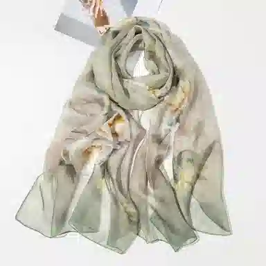 上海故事 春满山雪纺长巾出游外搭国风印花气质仙仙 桑蚕丝 丝巾 女款